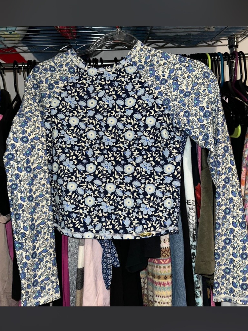 Jessica Simpson Blue Floral Long-Sleeve Swim Top